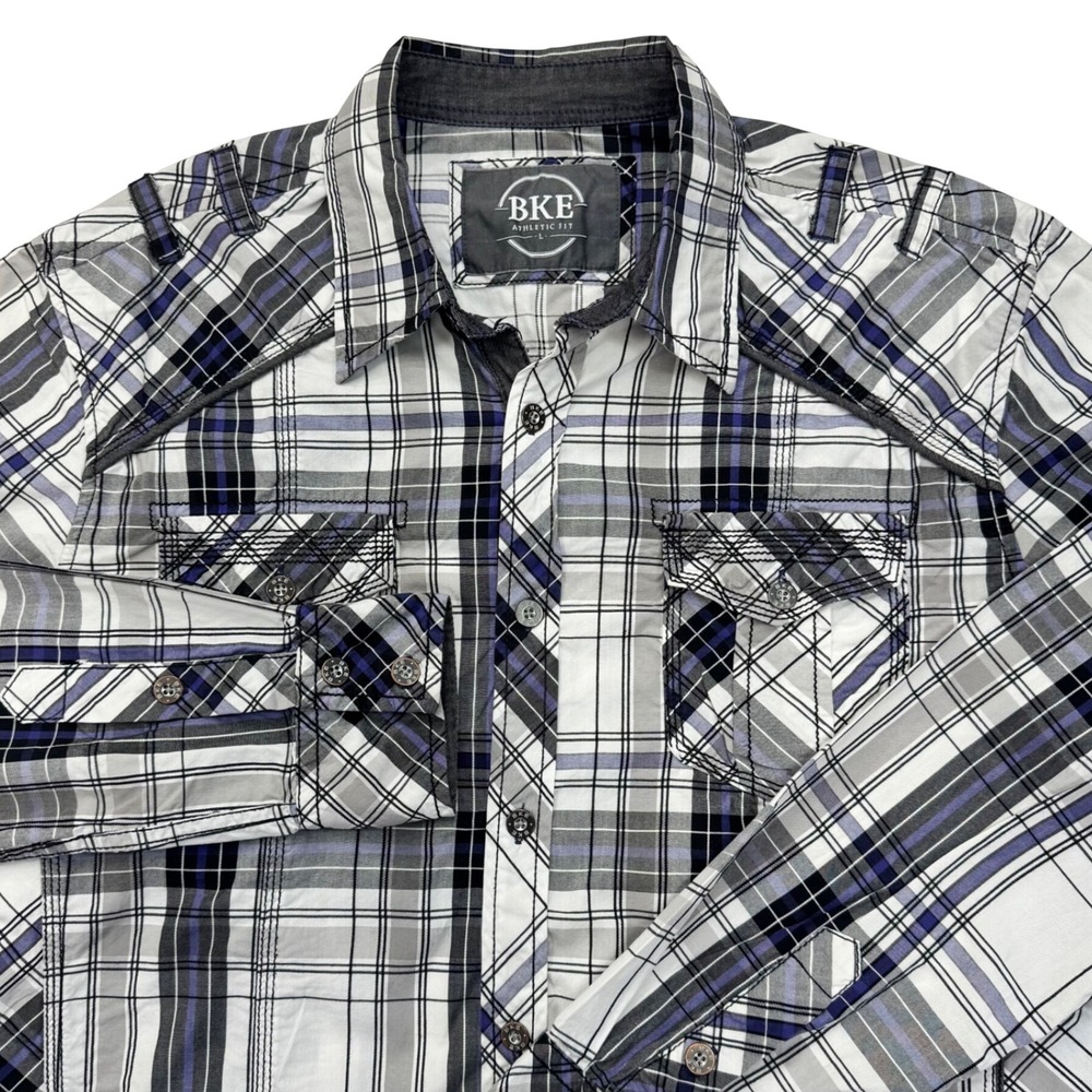 BKE Athletic Fit Mens Large Plaid Button Down Shirt Purple Black White 11268FPW